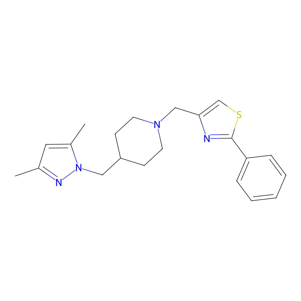 4-((4-((3,5-dimethyl-1H-pyrazol-1-yl)methyl)piperidin-1-yl)methyl)-2-phenylthiazole molecular structure, CAS 1396866-04-8