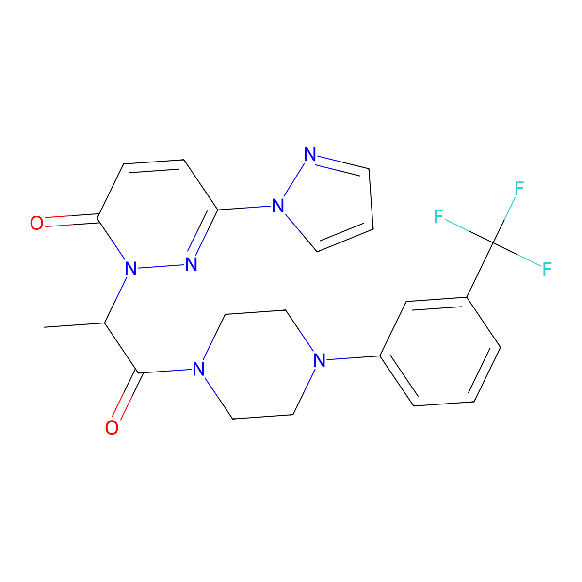 2-(1-oxo-1-(4-(3-(trifluoromethyl)phenyl)piperazin-1-yl)propan-2-yl)-6-(1H-pyrazol-1-yl)pyridazin-3(2H)-one molecular structure, CAS 1396866-05-9
