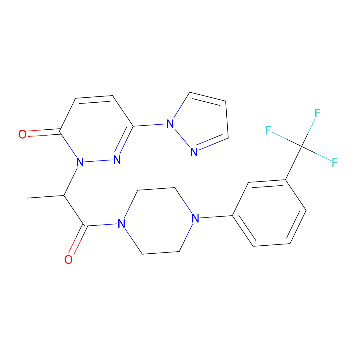 2-(1-oxo-1-(4-(3-(trifluoromethyl)phenyl)piperazin-1-yl)propan-2-yl)-6-(1H-pyrazol-1-yl)pyridazin-3(2H)-one molecular structure, CAS 1396866-05-9