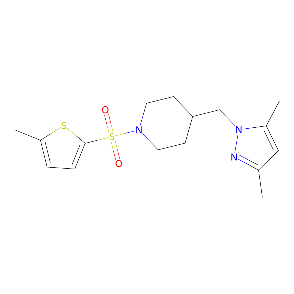 4-[(3,5-dimethyl-1H-pyrazol-1-yl)methyl]-1-[(5-methylthiophen-2-yl)sulfonyl]piperidine molecular structure, CAS 1396866-09-3