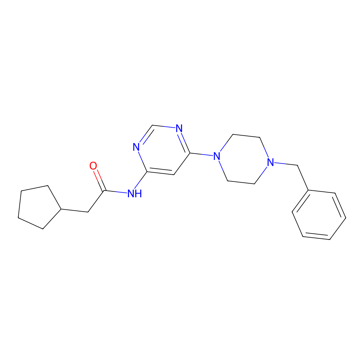 N-[6-(4-benzylpiperazin-1-yl)pyrimidin-4-yl]-2-cyclopentylacetamide molecular structure, CAS 1396866-13-9