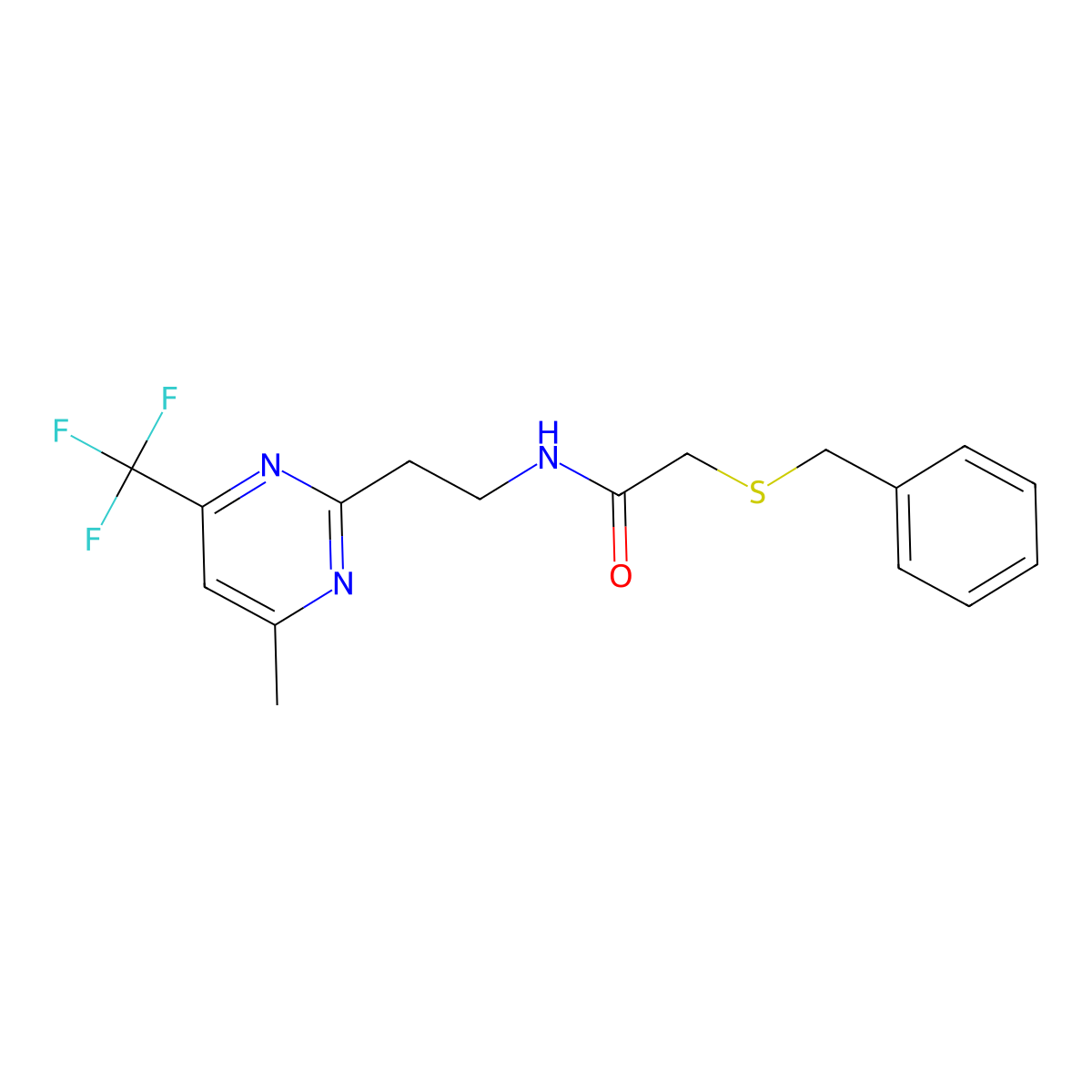 2-(benzylthio)-N-(2-(4-methyl-6-(trifluoromethyl)pyrimidin-2-yl)ethyl)acetamide molecular structure, CAS 1396866-14-0