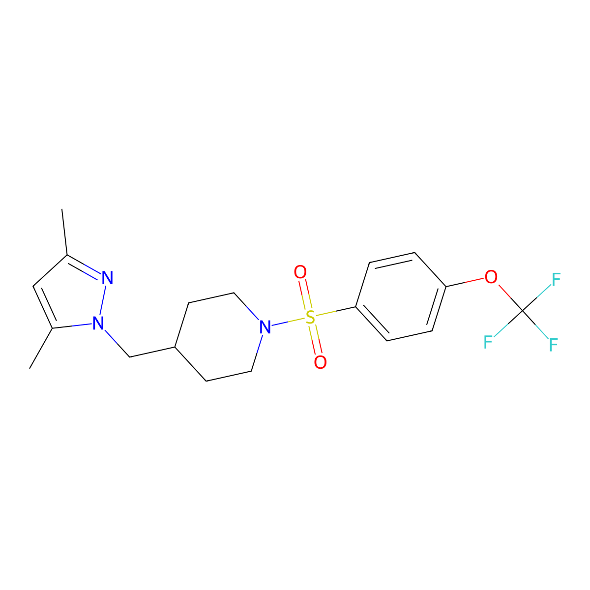4-((3,5-dimethyl-1H-pyrazol-1-yl)methyl)-1-((4-(trifluoromethoxy)phenyl)sulfonyl)piperidine molecular structure, CAS 1396866-15-1
