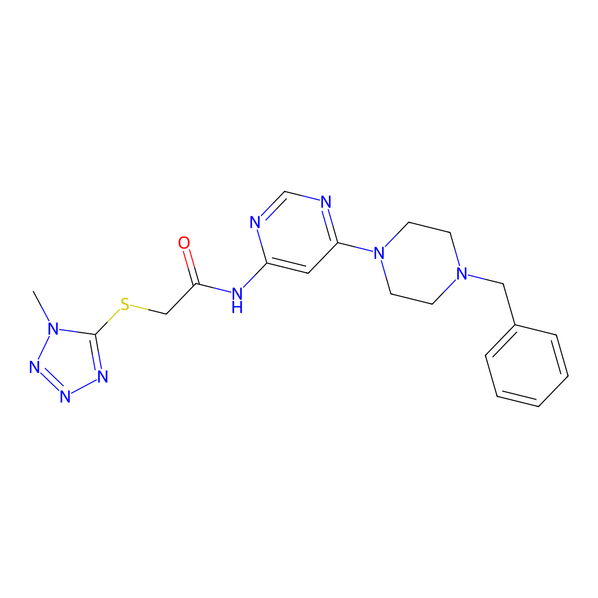 N-(6-(4-benzylpiperazin-1-yl)pyrimidin-4-yl)-2-((1-methyl-1H-tetrazol-5-yl)thio)acetamide molecular structure, CAS 1396866-17-3