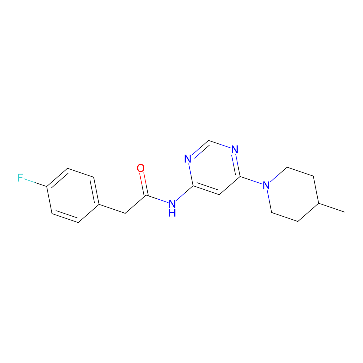 2-(4-fluorophenyl)-N-[6-(4-methylpiperidin-1-yl)pyrimidin-4-yl]acetamide molecular structure, CAS 1396866-23-1