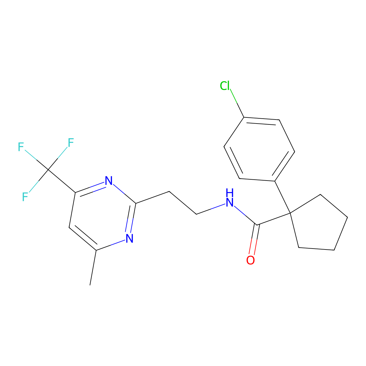 1-(4-chlorophenyl)-N-(2-(4-methyl-6-(trifluoromethyl)pyrimidin-2-yl)ethyl)cyclopentanecarboxamide molecular structure, CAS 1396866-28-6