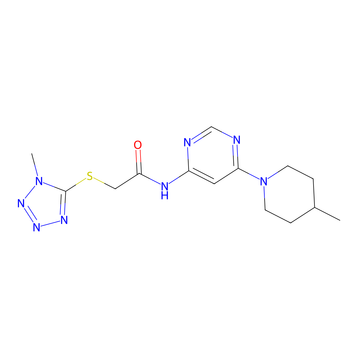 2-((1-methyl-1H-tetrazol-5-yl)thio)-N-(6-(4-methylpiperidin-1-yl)pyrimidin-4-yl)acetamide molecular structure, CAS 1396866-31-1
