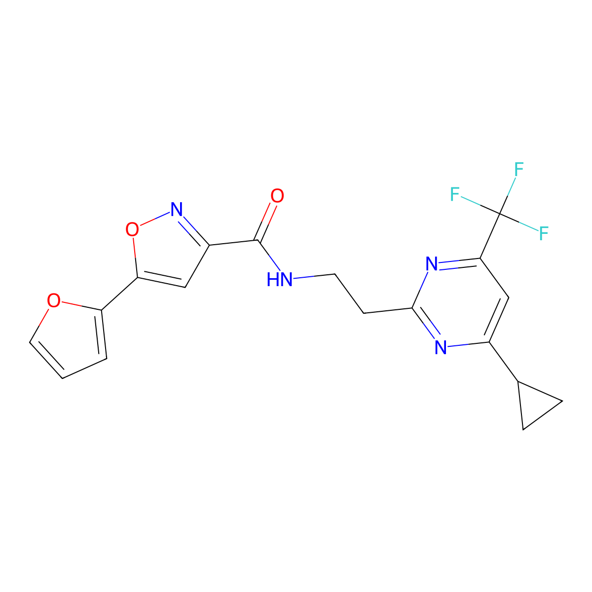 N-(2-(4-cyclopropyl-6-(trifluoromethyl)pyrimidin-2-yl)ethyl)-5-(furan-2-yl)isoxazole-3-carboxamide molecular structure, CAS 1396866-39-9