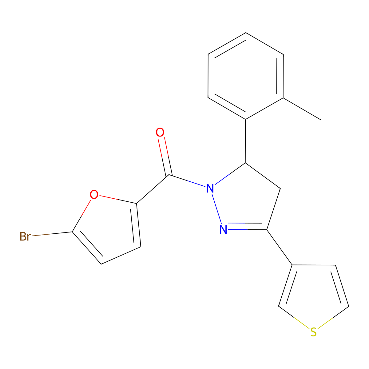 (5-bromofuran-2-yl)(3-(thiophen-3-yl)-5-(o-tolyl)-4,5-dihydro-1H-pyrazol-1-yl)methanone molecular structure, CAS 1396866-44-6