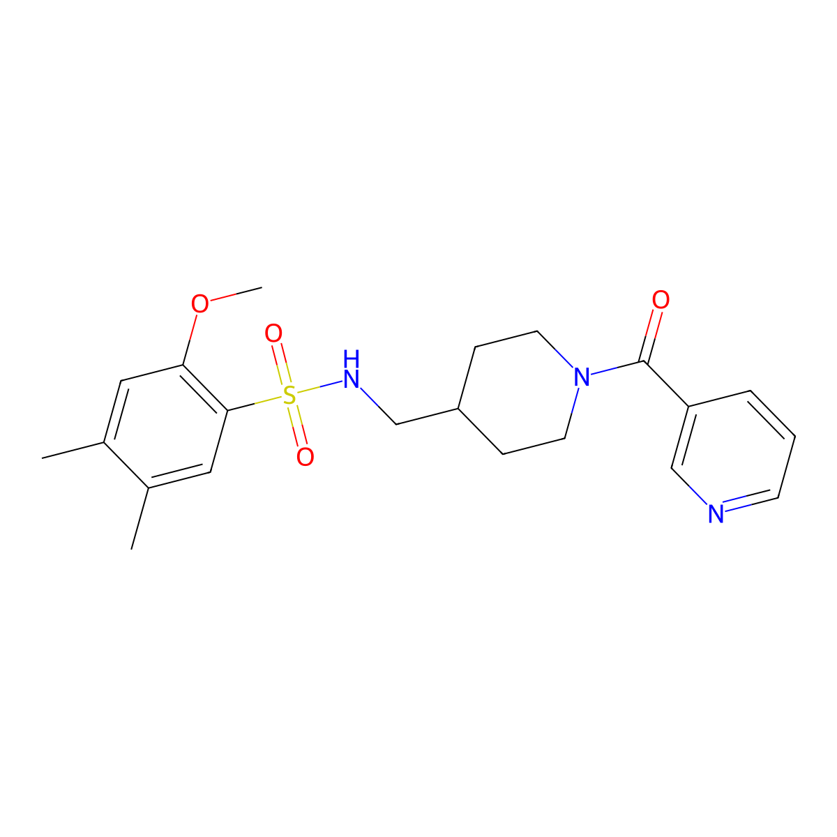 2-methoxy-4,5-dimethyl-N-((1-nicotinoylpiperidin-4-yl)methyl)benzenesulfonamide molecular structure, CAS 1396866-75-3