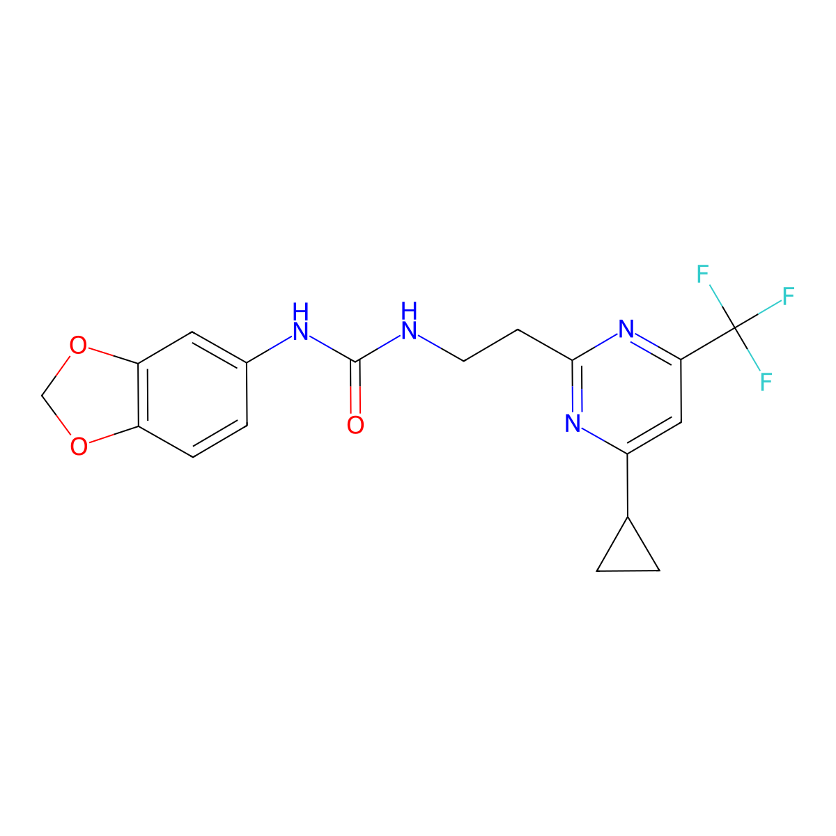 1-(Benzo[d][1,3]dioxol-5-yl)-3-(2-(4-cyclopropyl-6-(trifluoromethyl)pyrimidin-2-yl)ethyl)urea molecular structure, CAS 1396866-77-5