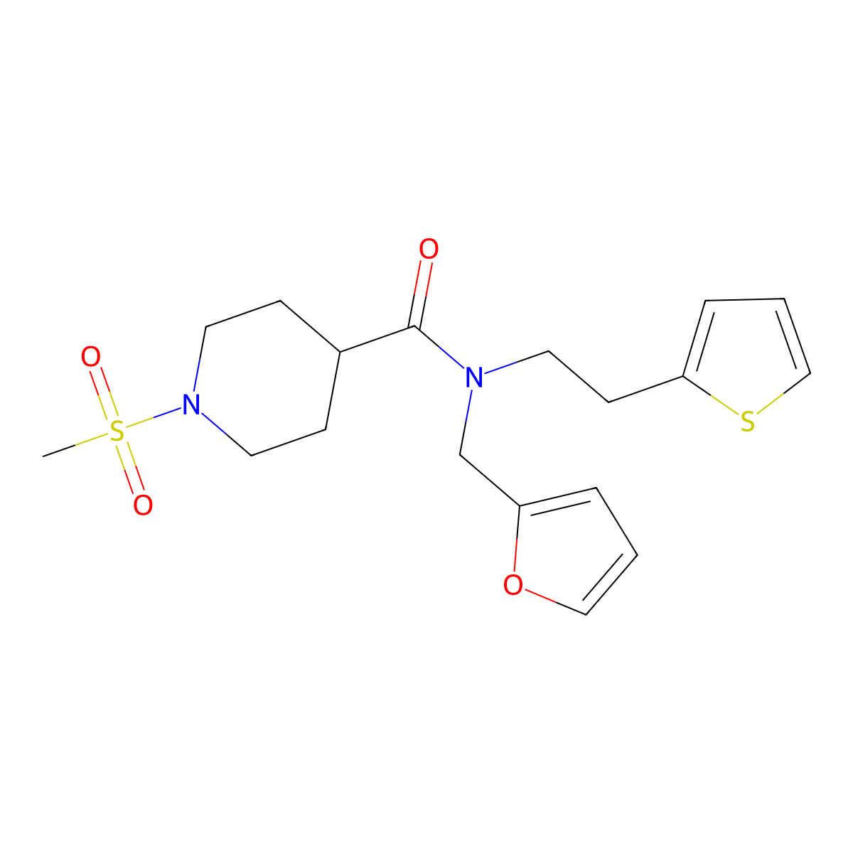 N-(furan-2-ylmethyl)-1-(methylsulfonyl)-N-(2-(thiophen-2-yl)ethyl)piperidine-4-carboxamide molecular structure, CAS 1396866-82-2
