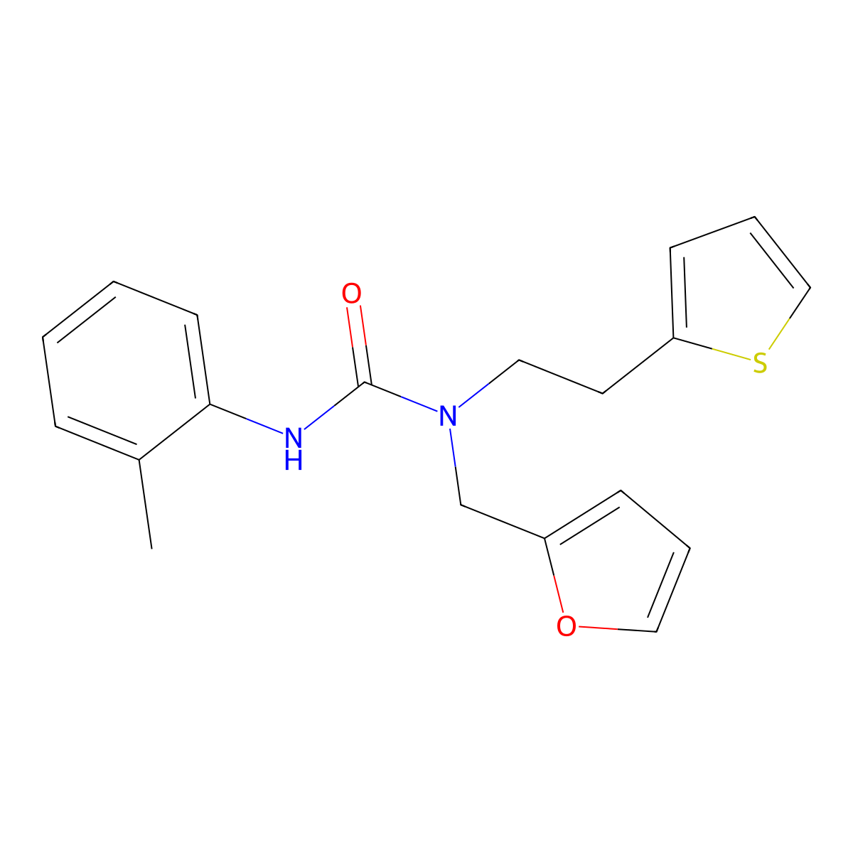 1-(Furan-2-ylmethyl)-1-(2-(thiophen-2-yl)ethyl)-3-(o-tolyl)urea molecular structure, CAS 1396866-88-8