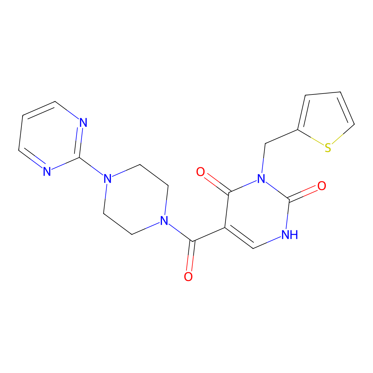5-(4-(pyrimidin-2-yl)piperazine-1-carbonyl)-3-(thiophen-2-ylmethyl)pyrimidine-2,4(1H,3H)-dione molecular structure, CAS 1396867-12-1
