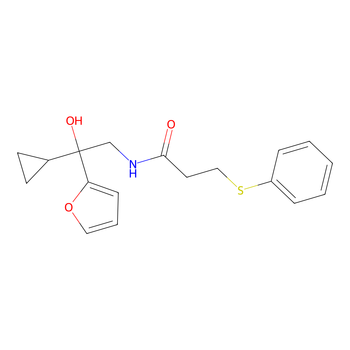 N-(2-cyclopropyl-2-(furan-2-yl)-2-hydroxyethyl)-3-(phenylthio)propanamide molecular structure, CAS 1396867-17-6