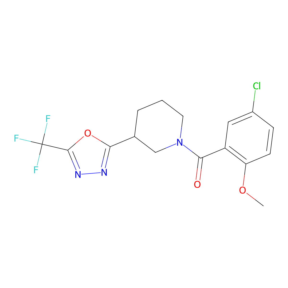 (5-Chloro-2-methoxyphenyl)(3-(5-(trifluoromethyl)-1,3,4-oxadiazol-2-yl)piperidin-1-yl)methanone molecular structure, CAS 1396867-22-3