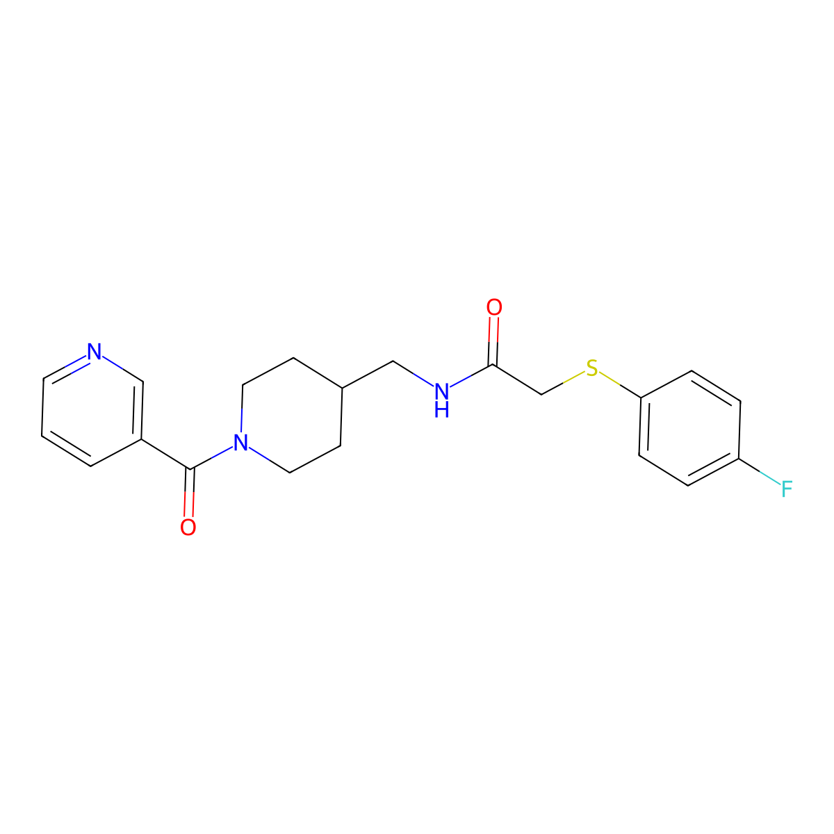 2-[(4-fluorophenyl)sulfanyl]-N-{[1-(pyridine-3-carbonyl)piperidin-4-yl]methyl}acetamide molecular structure, CAS 1396867-26-7