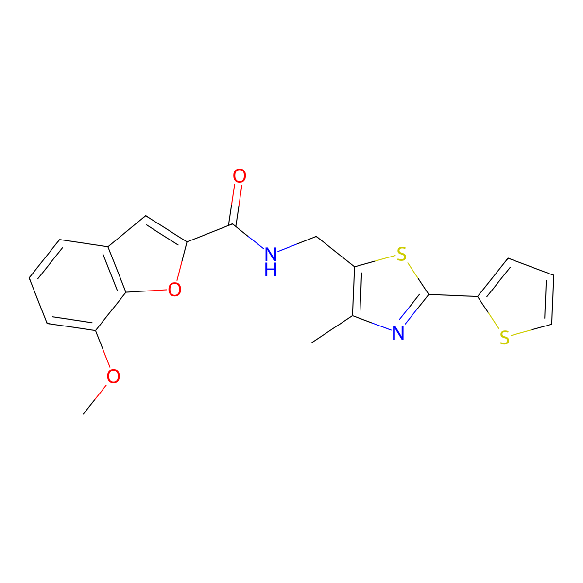 7-methoxy-N-((4-methyl-2-(thiophen-2-yl)thiazol-5-yl)methyl)benzofuran-2-carboxamide molecular structure, CAS 1396867-32-5
