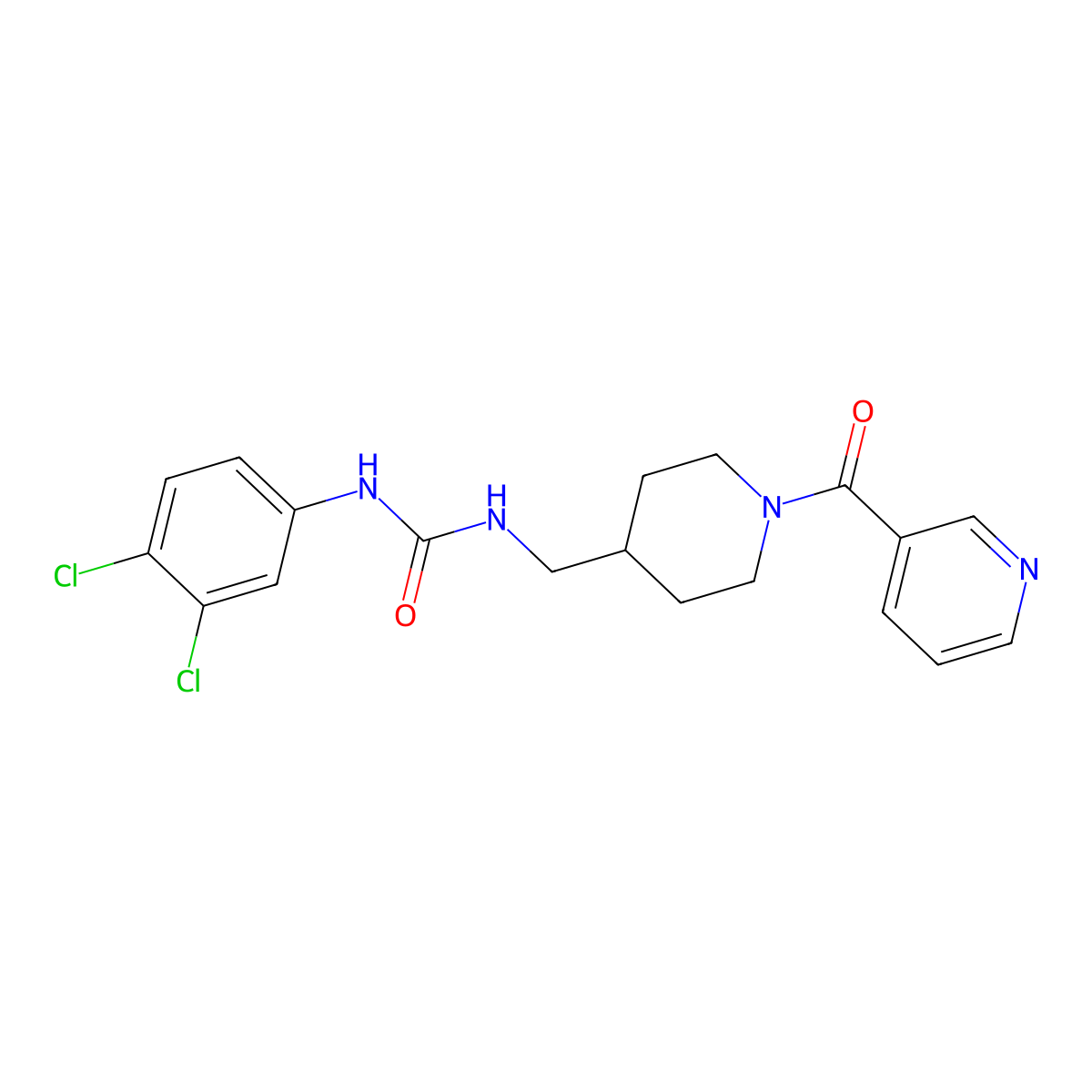 1-(3,4-Dichlorophenyl)-3-((1-nicotinoylpiperidin-4-yl)methyl)urea molecular structure, CAS 1396867-33-6