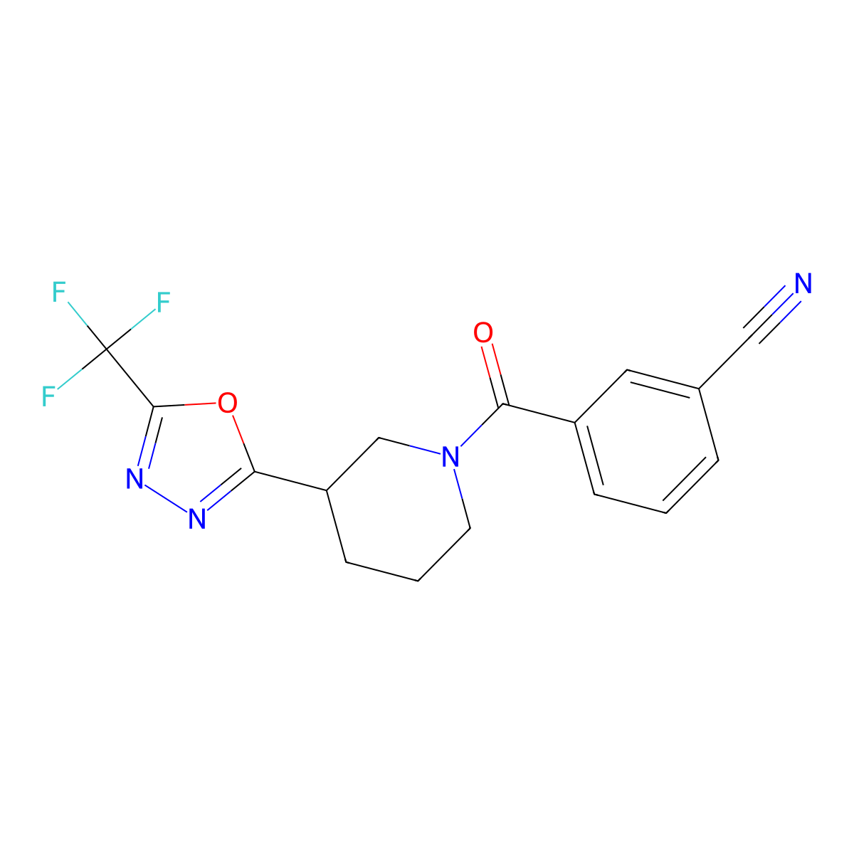 3-(3-(5-(Trifluoromethyl)-1,3,4-oxadiazol-2-yl)piperidine-1-carbonyl)benzonitrile molecular structure, CAS 1396867-35-8