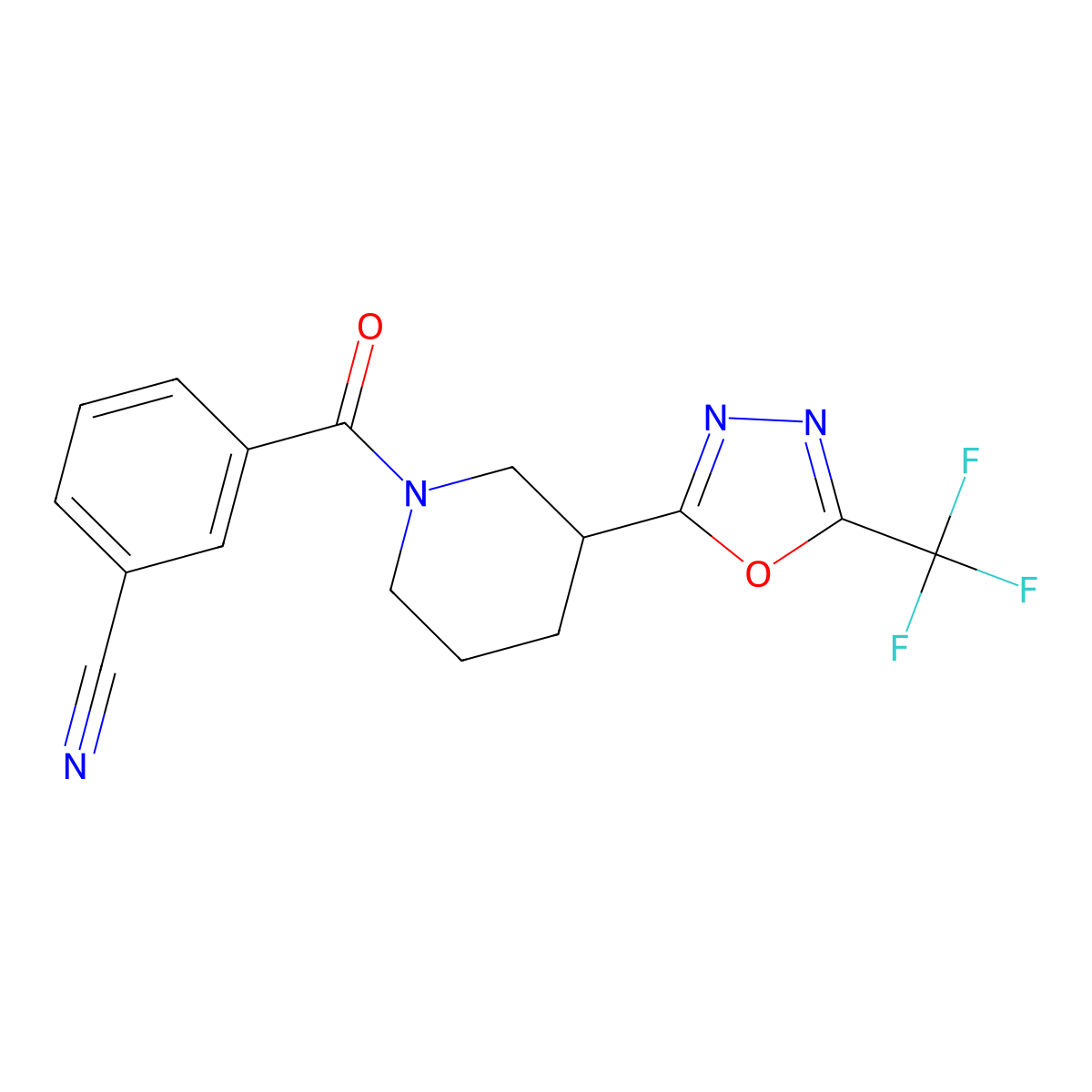 3-(3-(5-(Trifluoromethyl)-1,3,4-oxadiazol-2-yl)piperidine-1-carbonyl)benzonitrile molecular structure, CAS 1396867-35-8
