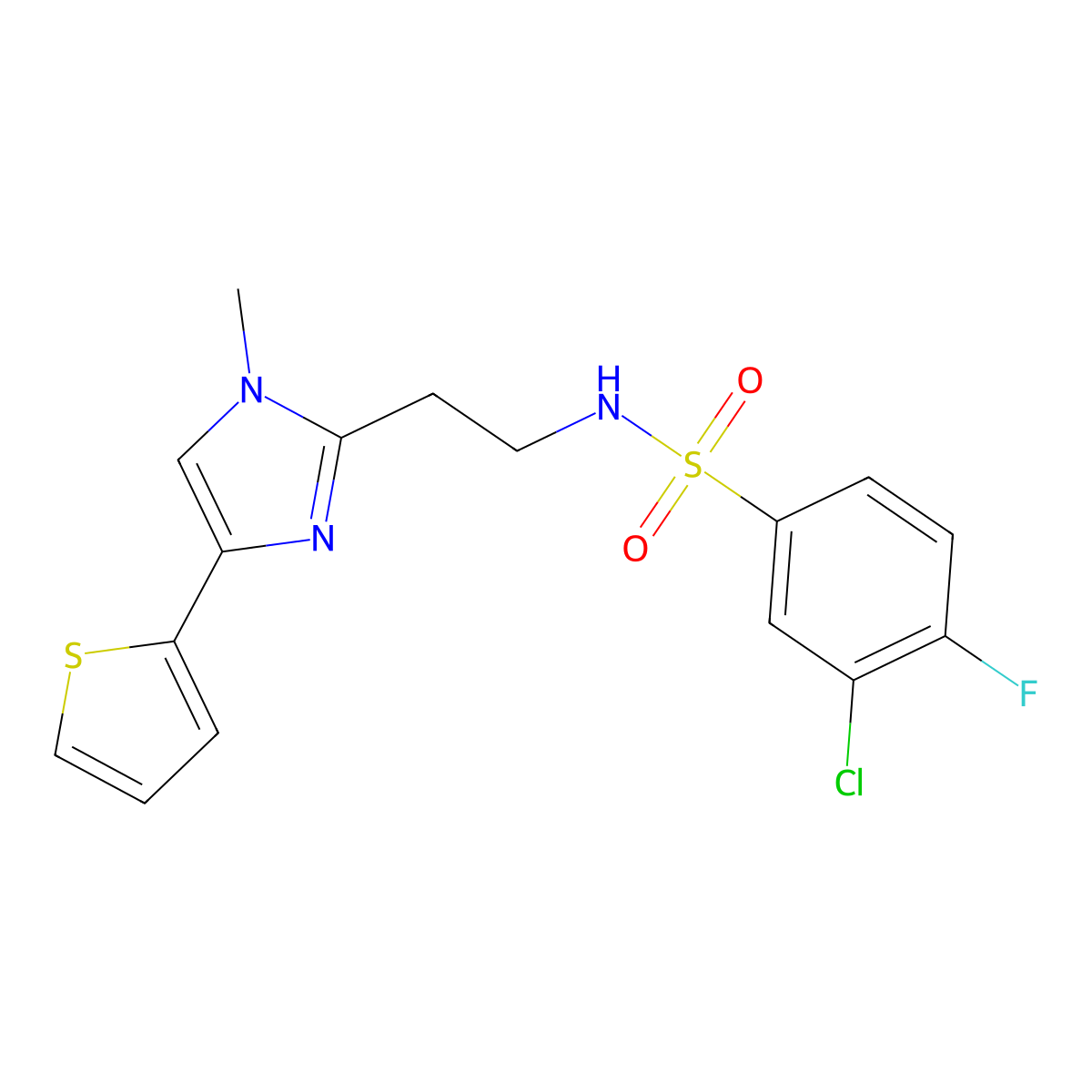 3-chloro-4-fluoro-N-(2-(1-methyl-4-(thiophen-2-yl)-1H-imidazol-2-yl)ethyl)benzenesulfonamide molecular structure, CAS 1396867-44-9