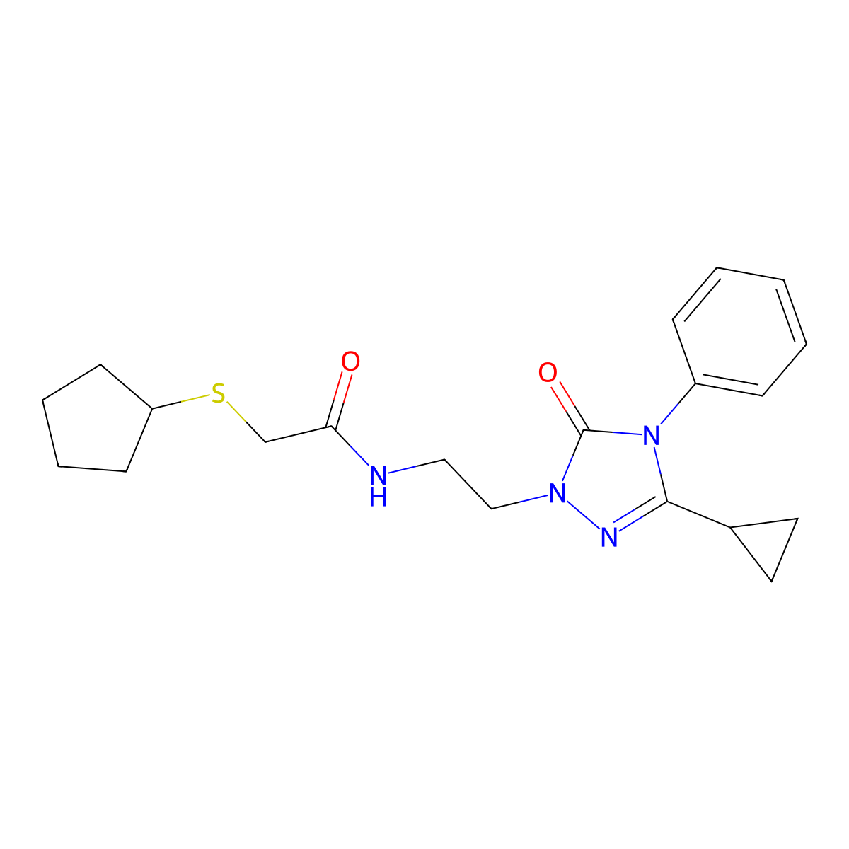 2-(cyclopentylthio)-N-(2-(3-cyclopropyl-5-oxo-4-phenyl-4,5-dihydro-1H-1,2,4-triazol-1-yl)ethyl)acetamide molecular structure, CAS 1396867-45-0
