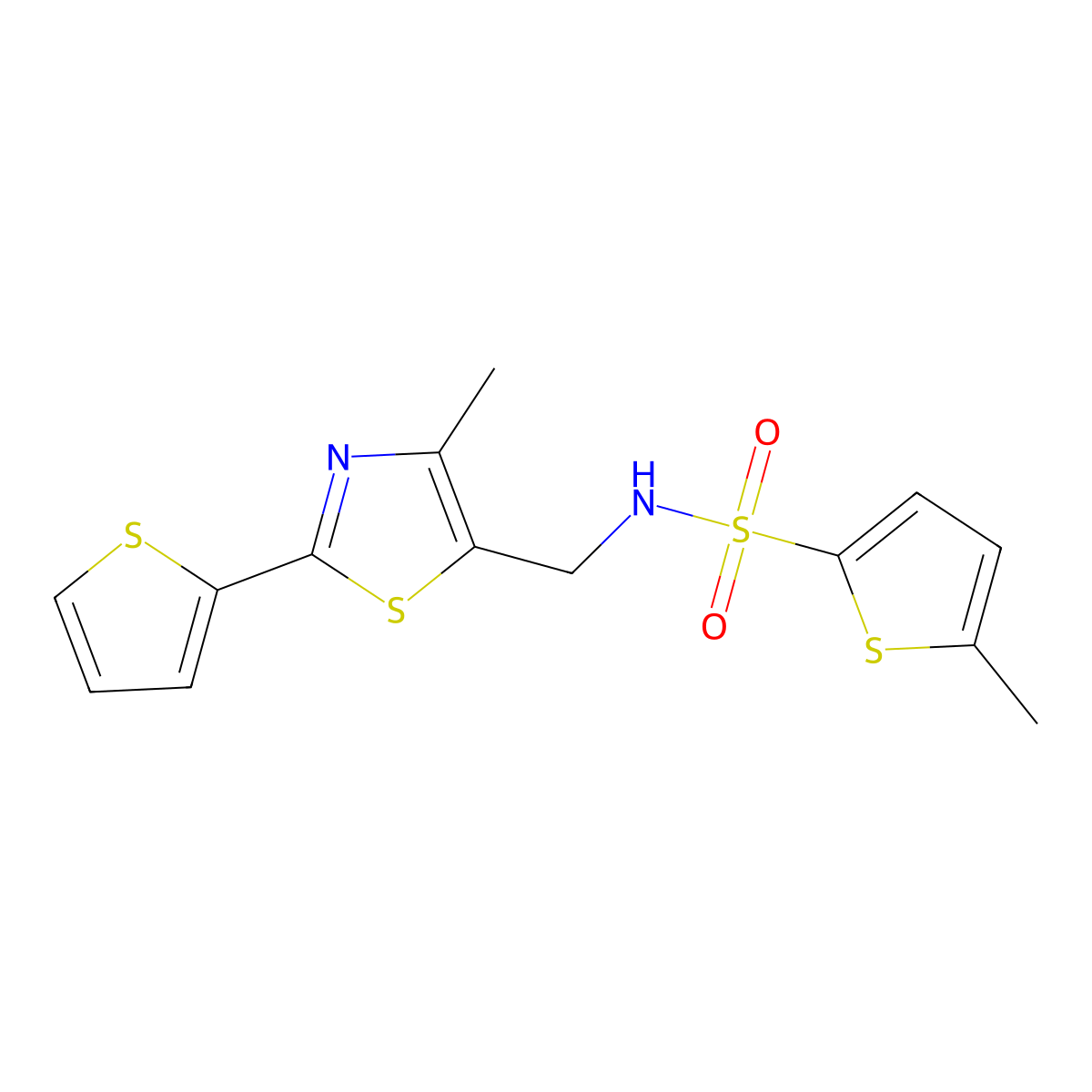 5-methyl-N-((4-methyl-2-(thiophen-2-yl)thiazol-5-yl)methyl)thiophene-2-sulfonamide molecular structure, CAS 1396867-51-8