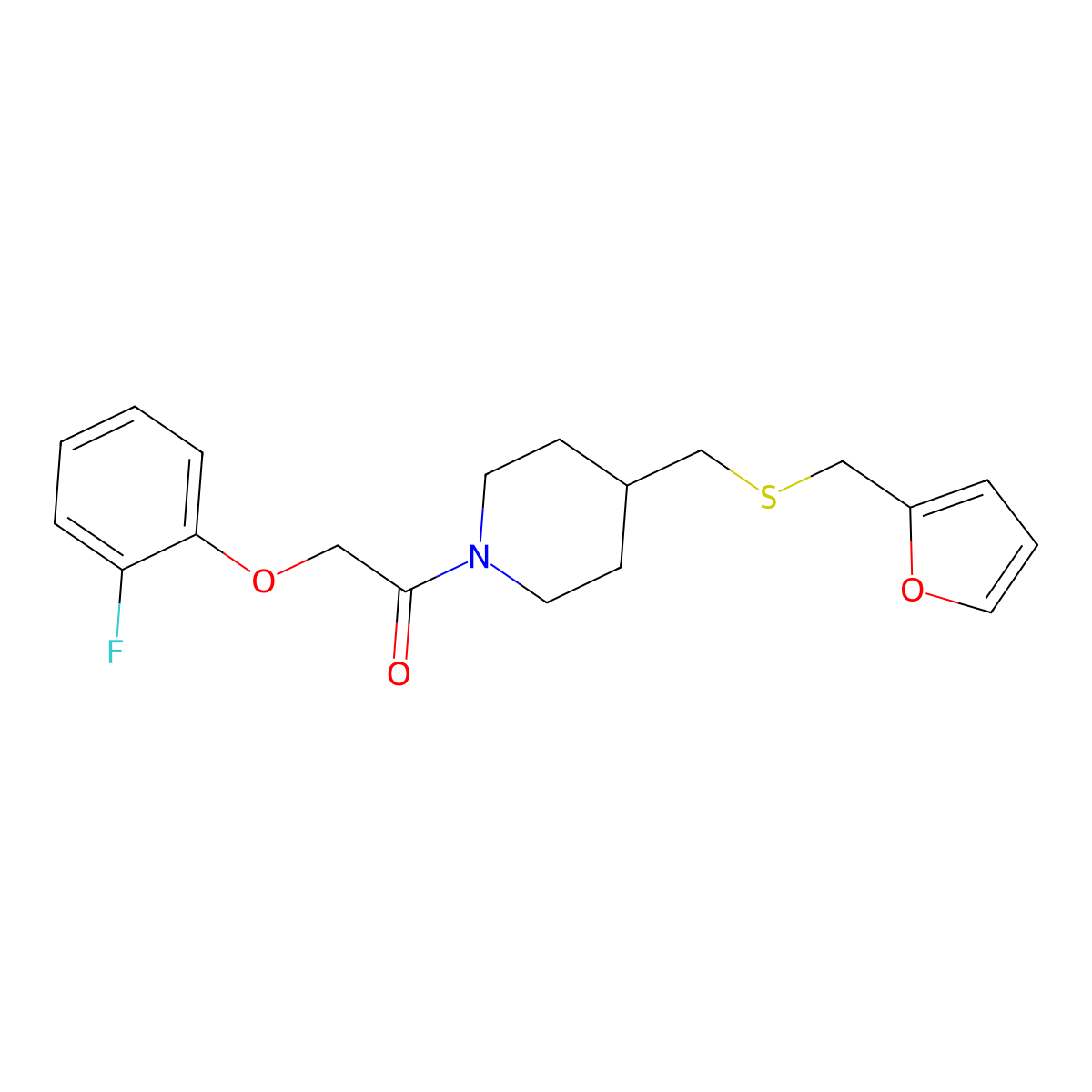 2-(2-Fluorophenoxy)-1-(4-(((furan-2-ylmethyl)thio)methyl)piperidin-1-yl)ethanone molecular structure, CAS 1396867-53-0