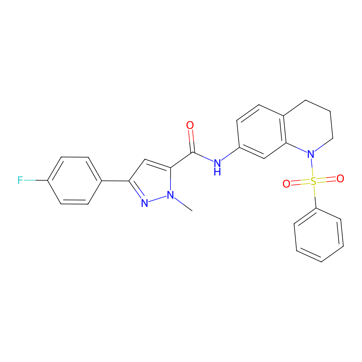 3-(4-fluorophenyl)-1-methyl-N-(1-(phenylsulfonyl)-1,2,3,4-tetrahydroquinolin-7-yl)-1H-pyrazole-5-carboxamide molecular structure, CAS 1396867-54-1