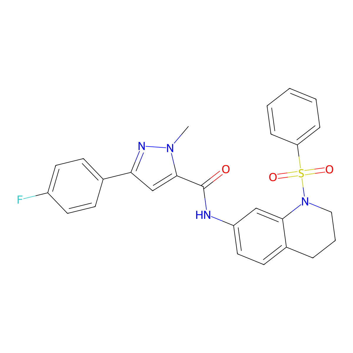 3-(4-fluorophenyl)-1-methyl-N-(1-(phenylsulfonyl)-1,2,3,4-tetrahydroquinolin-7-yl)-1H-pyrazole-5-carboxamide molecular structure, CAS 1396867-54-1