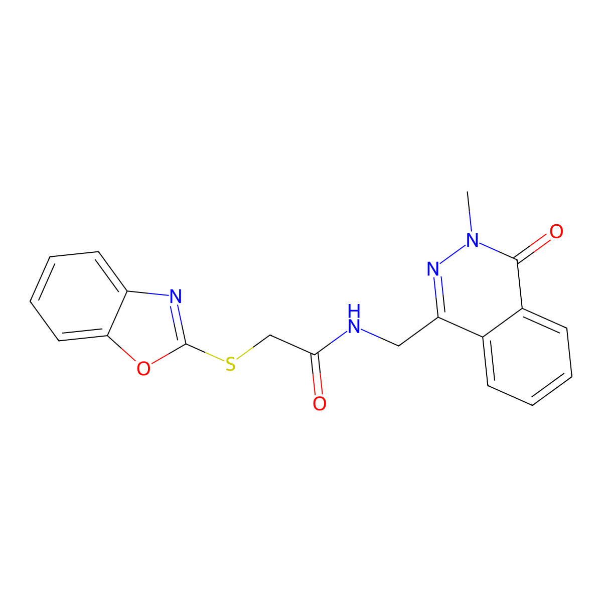 2-(benzo[d]oxazol-2-ylthio)-N-((3-methyl-4-oxo-3,4-dihydrophthalazin-1-yl)methyl)acetamide molecular structure, CAS 1396867-55-2