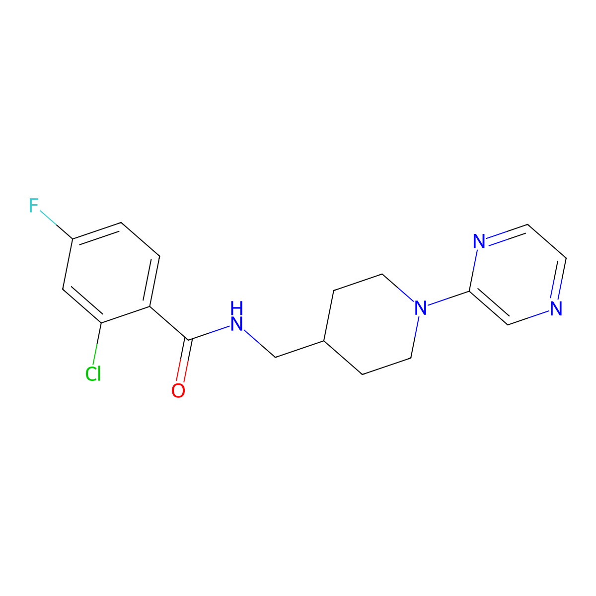 2-chloro-4-fluoro-N-((1-(pyrazin-2-yl)piperidin-4-yl)methyl)benzamide molecular structure, CAS 1396867-56-3