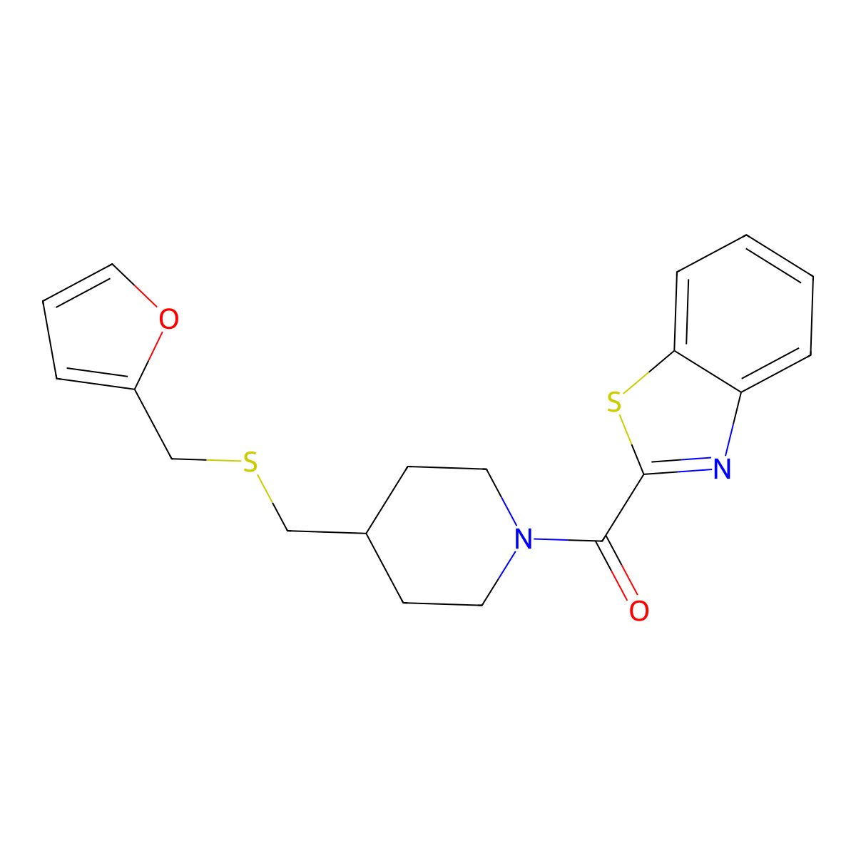Benzo[d]thiazol-2-yl(4-(((furan-2-ylmethyl)thio)methyl)piperidin-1-yl)methanone molecular structure, CAS 1396867-68-7