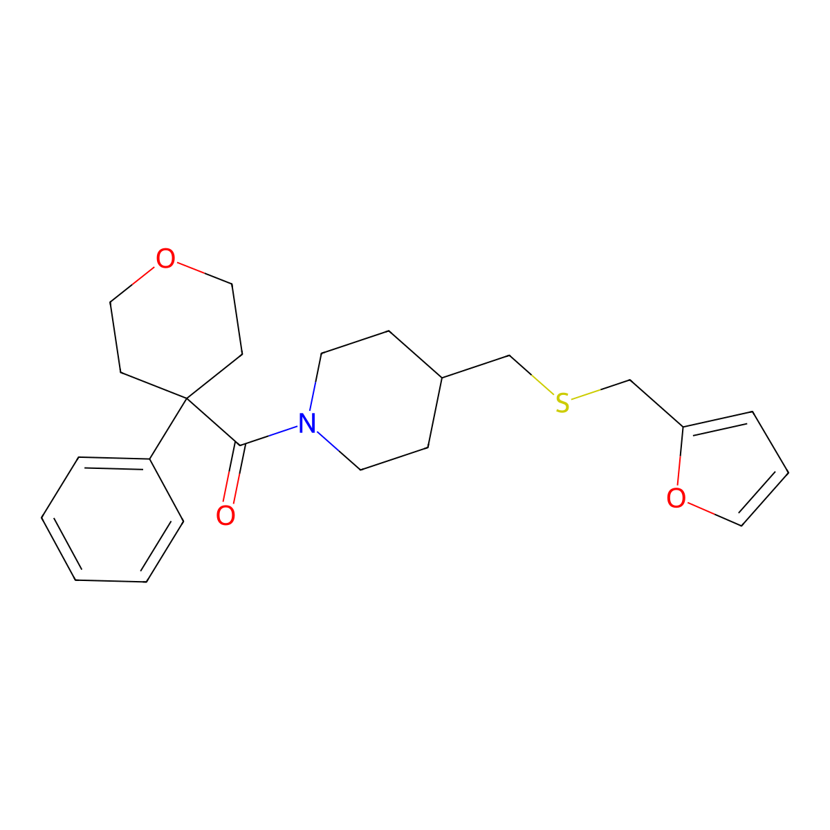 (4-(((furan-2-ylmethyl)thio)methyl)piperidin-1-yl)(4-phenyltetrahydro-2H-pyran-4-yl)methanone molecular structure, CAS 1396867-81-4