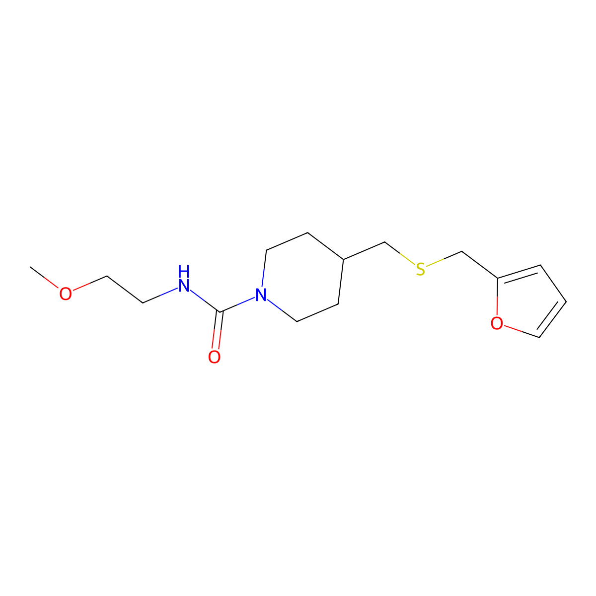 4-(((furan-2-ylmethyl)thio)methyl)-N-(2-methoxyethyl)piperidine-1-carboxamide molecular structure, CAS 1396867-89-2