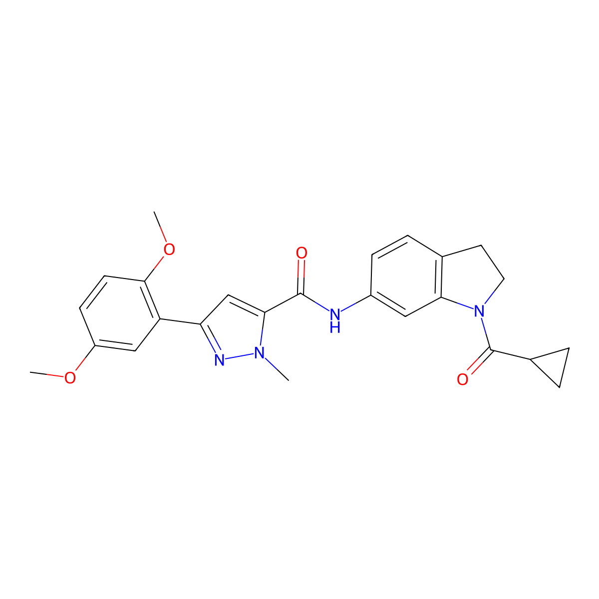 N-(1-(cyclopropanecarbonyl)indolin-6-yl)-3-(2,5-dimethoxyphenyl)-1-methyl-1H-pyrazole-5-carboxamide molecular structure, CAS 1396867-95-0