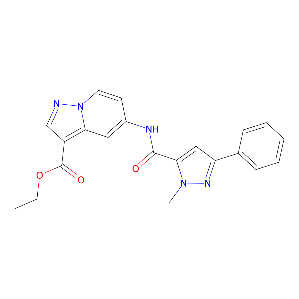 ethyl 5-(1-methyl-3-phenyl-1H-pyrazole-5-carboxamido)pyrazolo[1,5-a]pyridine-3-carboxylate molecular structure, CAS 1396868-06-6