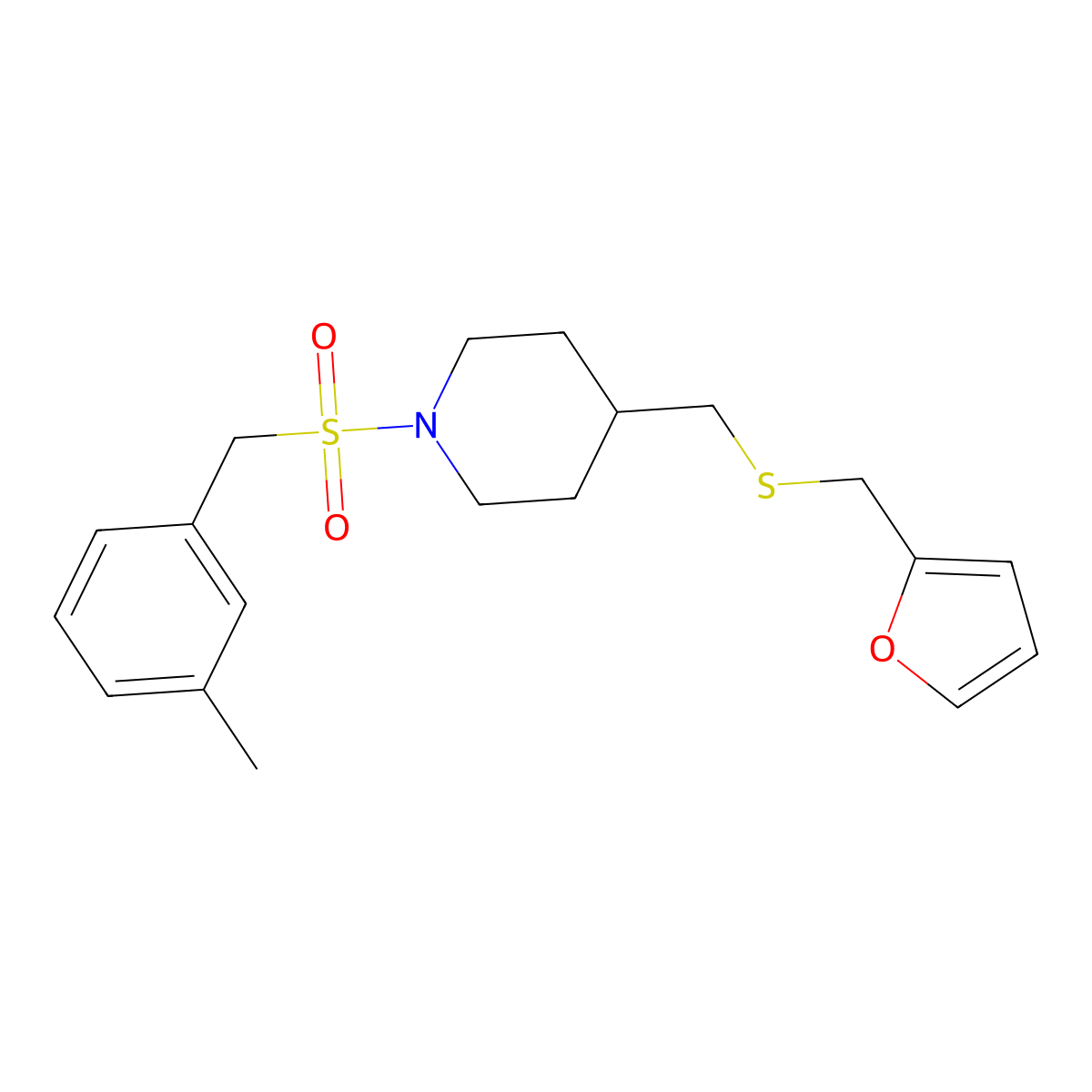 4-(((Furan-2-ylmethyl)thio)methyl)-1-((3-methylbenzyl)sulfonyl)piperidine molecular structure, CAS 1396868-11-3