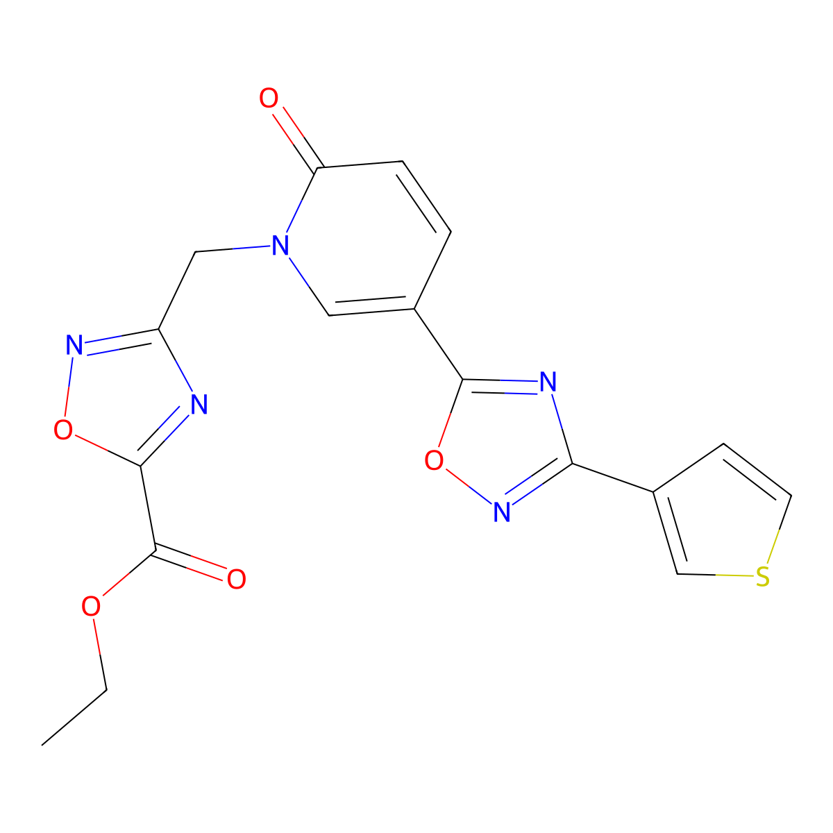 ethyl 3-{[2-oxo-5-[3-(3-thienyl)-1,2,4-oxadiazol-5-yl]pyridin-1(2H)-yl]methyl}-1,2,4-oxadiazole-5-carboxylate molecular structure, CAS 1396868-18-0