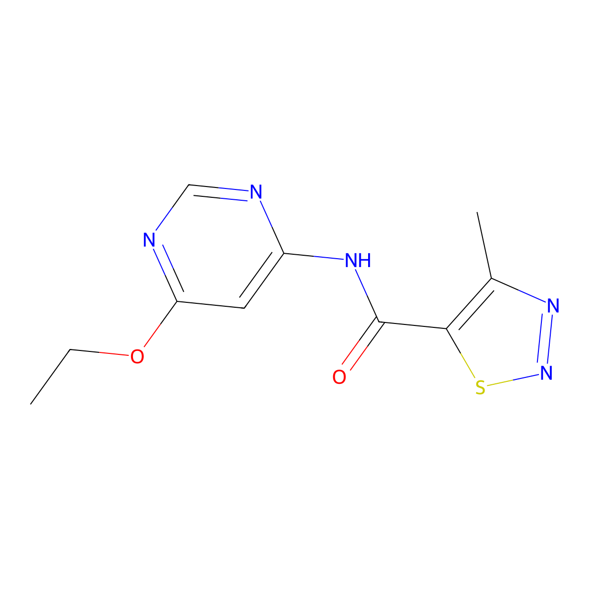 N-(6-ethoxypyrimidin-4-yl)-4-methyl-1,2,3-thiadiazole-5-carboxamide molecular structure, CAS 1396868-24-8