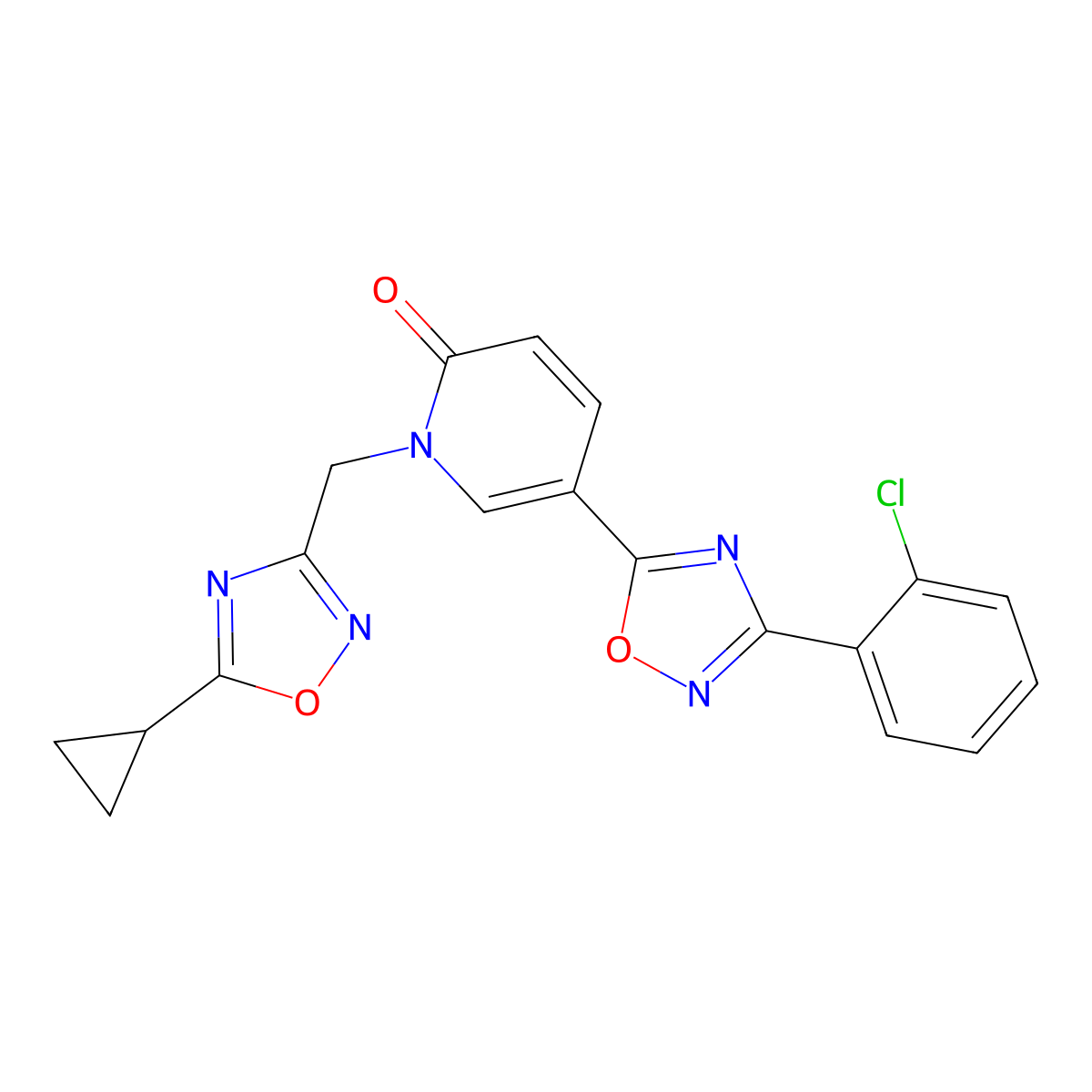 5-(3-(2-chlorophenyl)-1,2,4-oxadiazol-5-yl)-1-((5-cyclopropyl-1,2,4-oxadiazol-3-yl)methyl)pyridin-2(1H)-one molecular structure, CAS 1396868-26-0