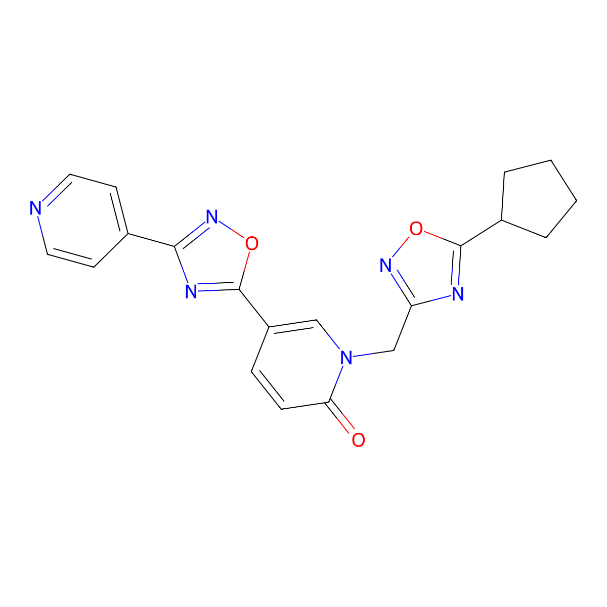 1-((5-cyclopentyl-1,2,4-oxadiazol-3-yl)methyl)-5-(3-(pyridin-4-yl)-1,2,4-oxadiazol-5-yl)pyridin-2(1H)-one molecular structure, CAS 1396868-31-7