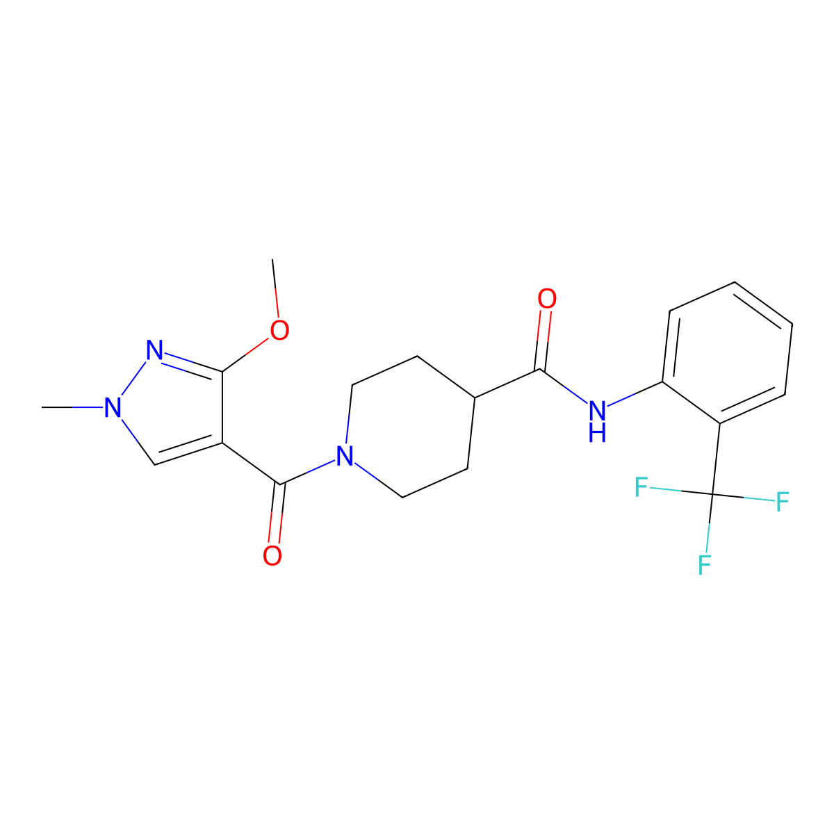 1-(3-methoxy-1-methyl-1H-pyrazole-4-carbonyl)-N-[2-(trifluoromethyl)phenyl]piperidine-4-carboxamide molecular structure, CAS 1396868-32-8