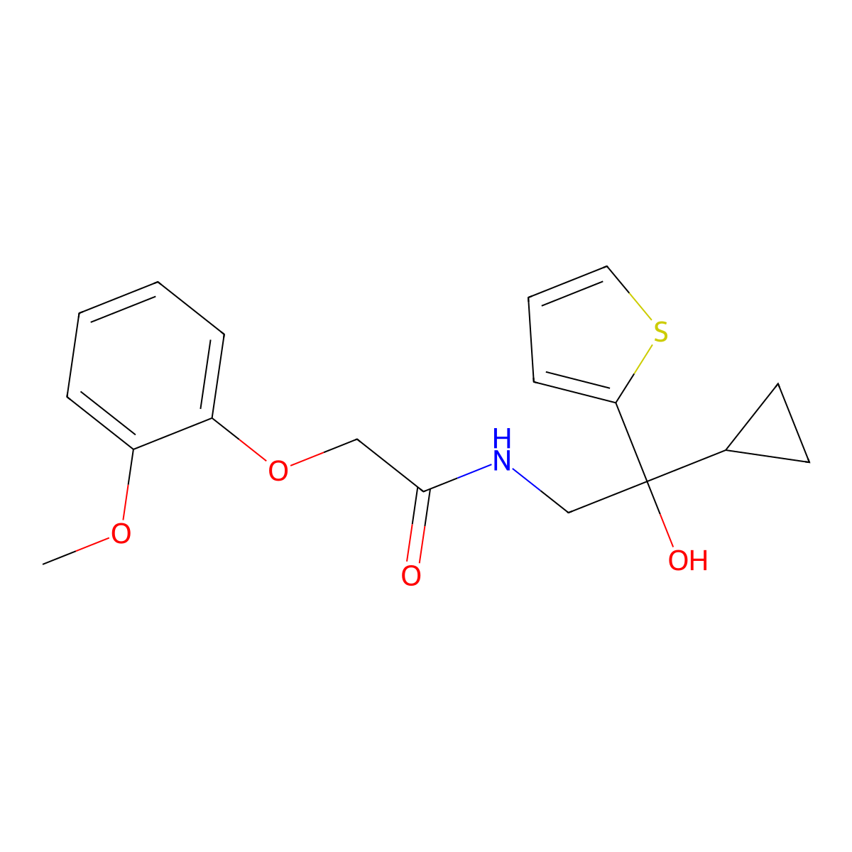 N-(2-cyclopropyl-2-hydroxy-2-(thiophen-2-yl)ethyl)-2-(2-methoxyphenoxy)acetamide molecular structure, CAS 1396868-38-4