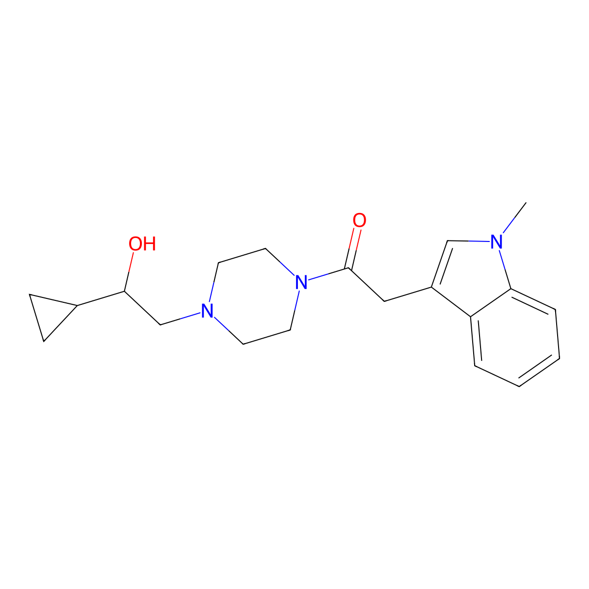 1-(4-(2-cyclopropyl-2-hydroxyethyl)piperazin-1-yl)-2-(1-methyl-1H-indol-3-yl)ethanone molecular structure, CAS 1396868-41-9