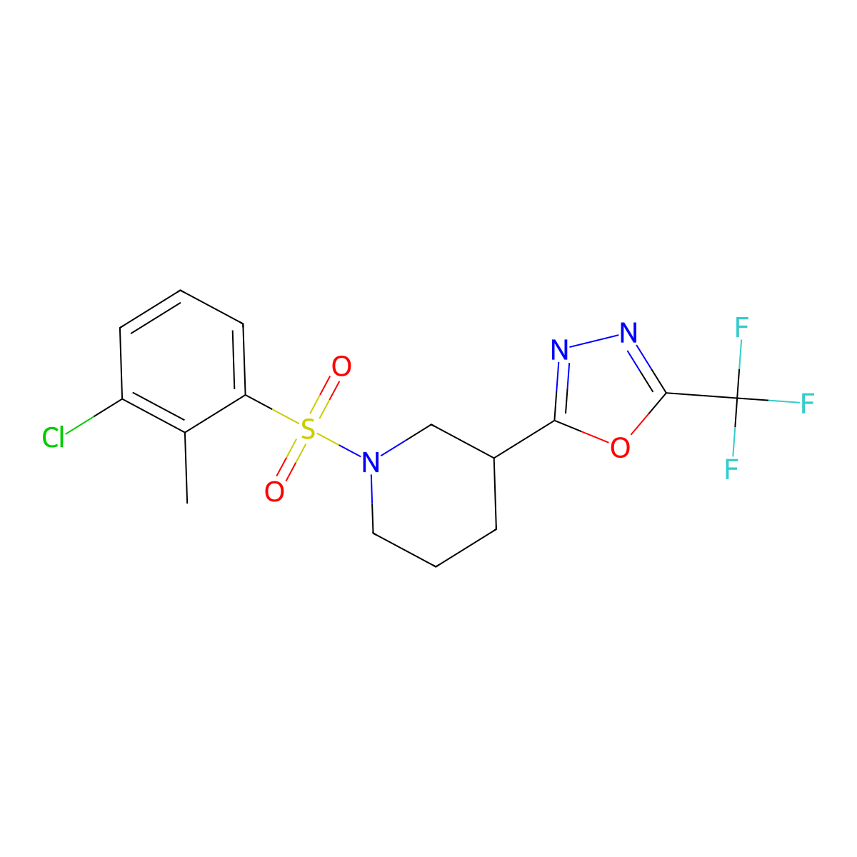 2-(1-((3-Chloro-2-methylphenyl)sulfonyl)piperidin-3-yl)-5-(trifluoromethyl)-1,3,4-oxadiazole molecular structure, CAS 1396868-55-5
