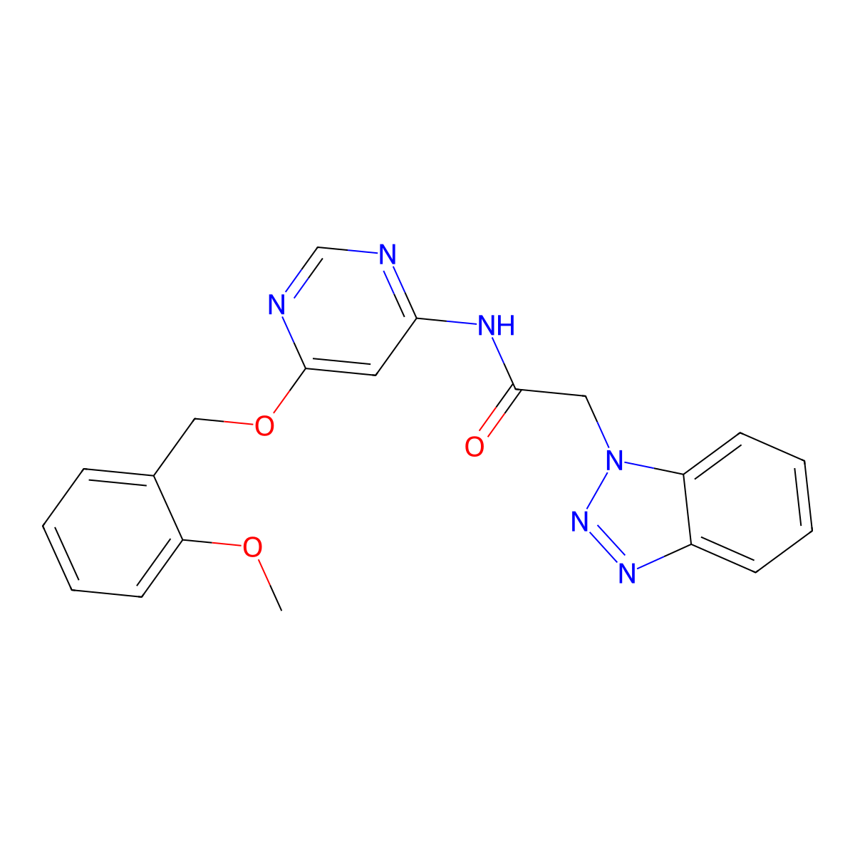 2-(1H-benzo[d][1,2,3]triazol-1-yl)-N-(6-((2-methoxybenzyl)oxy)pyrimidin-4-yl)acetamide molecular structure, CAS 1396868-57-7