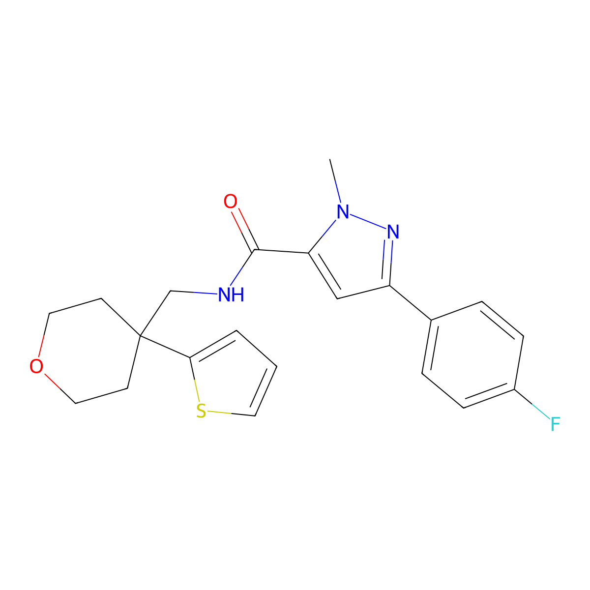 3-(4-fluorophenyl)-1-methyl-N-((4-(thiophen-2-yl)tetrahydro-2H-pyran-4-yl)methyl)-1H-pyrazole-5-carboxamide molecular structure, CAS 1396868-61-3