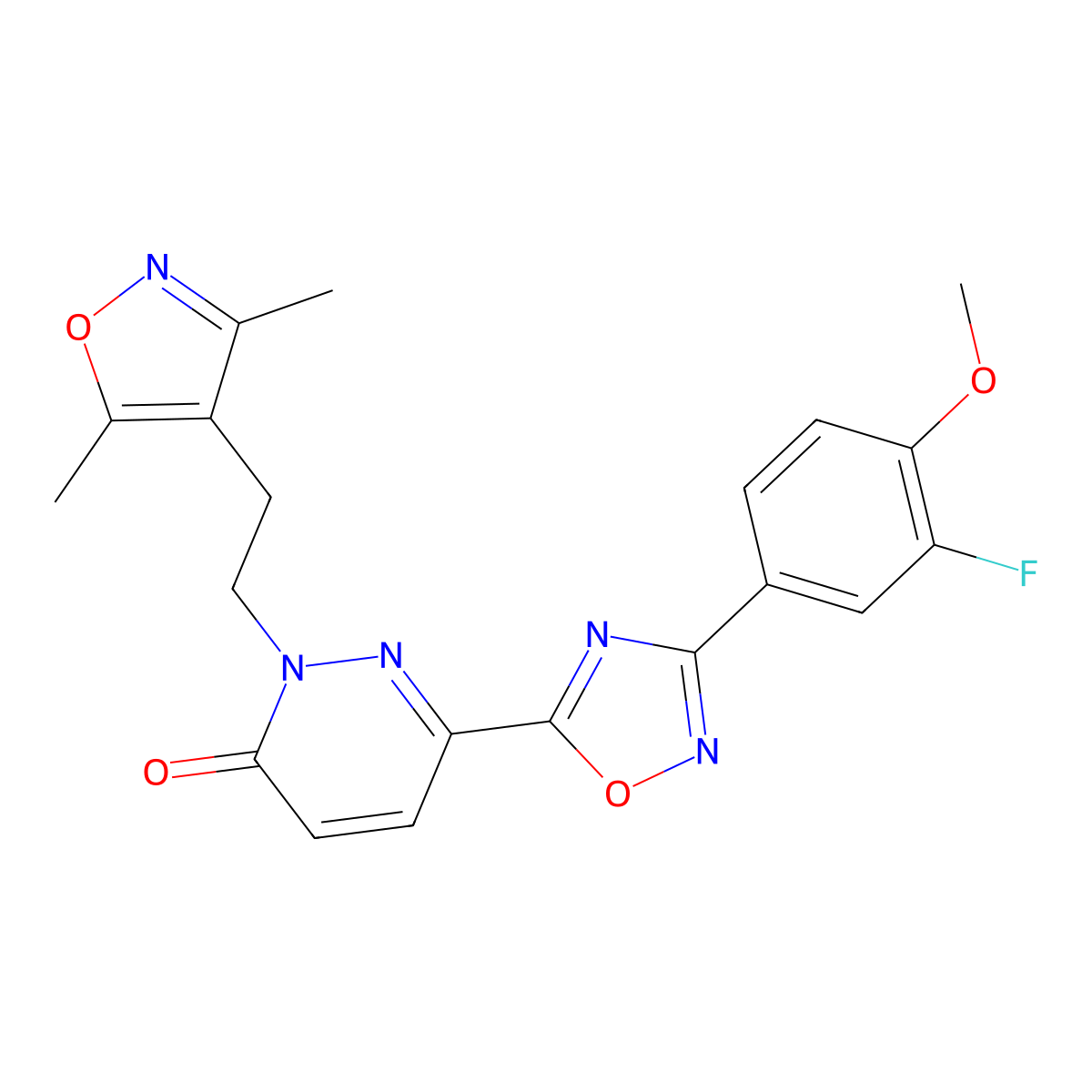 2-(2-(3,5-dimethylisoxazol-4-yl)ethyl)-6-(3-(3-fluoro-4-methoxyphenyl)-1,2,4-oxadiazol-5-yl)pyridazin-3(2H)-one molecular structure, CAS 1396868-72-6